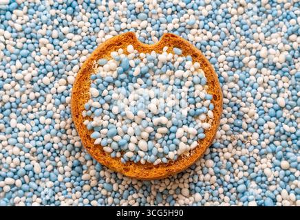 Beschuit incontrò muisjes, tradizionale delizia olandese composta da semi di anice zuccherato blu e bianco su un rusk mangiato per celebrare la nascita di un bambino Foto Stock