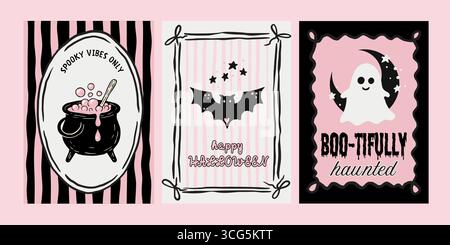 Set di poster di Halloween rosa retrò stravagante Doodle Coquette carino vettore di carte con Ghost Bat Cauldron Spooky Collection Illustrazione Vettoriale