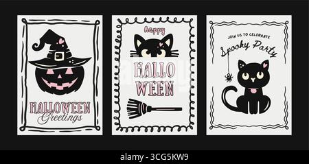 Set di poster di Halloween rosa retrò, stravagante Doodle Coquette, carino vettore di carte con cappello di strega, scopa e zucca Illustrazione Vettoriale