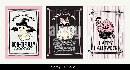 Set di poster di Halloween rosa retrò stravagante Doodle Coquette carino vettore di carte con Ghost Cupcake Eyeball Spider Web Collection Illustrazione Vettoriale