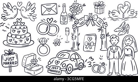 Set di icone di schizzo per matrimoni Party d'epoca Love Vector Invitation Card profilo romantico Salva il set di eventi da data Illustrazione Vettoriale