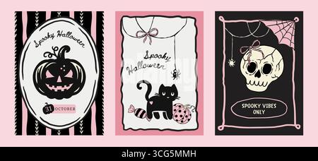 Set di poster di Halloween rosa retrò per la fantasiosa Doodle Coquette, carino vettore di carte con teschio di gatto, zucca, caramelle e Spooky Collection Illustrazione Vettoriale