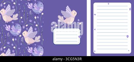 Notebook Sketchbook copertina Copybook bordo vettoriale con graziosi uccelli fiori di lavanda Design viola Illustrazione Vettoriale