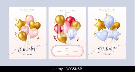 Set di carte regalo palloncini per bambini con doccia 3d, palloni da ballo, carta d'invito vettoriale, forma di celebrazione realistica Illustrazione Vettoriale