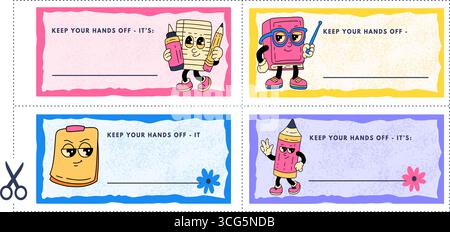 Etichetta etichetta scuola Sticker Set vettoriale caratteri mascotte Libro matita notebook per cartella scuola Illustrazione Vettoriale