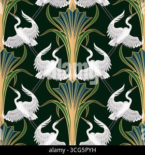 Un motivo artdeco vettoriale senza cuciture caratterizzato da eleganti gru bianche e fogliame stilizzato dorato su sfondo verde scuro. Illustrazione Vettoriale