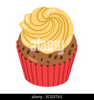 Delizioso cupcake rosa con illustrazione vettoriale della panna dolce. Illustrazione di cartoni animati da dessert isolata su sfondo bianco Illustrazione Vettoriale