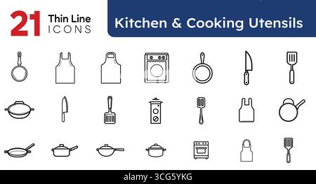 Set di icone sottili per cucina e utensili da cucina – 21 simboli vettoriali modificabili di pentole, padelle, coltelli, strumenti Illustrazione Vettoriale