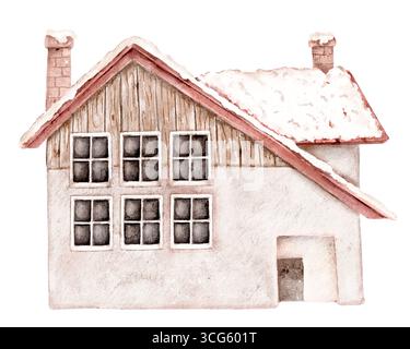 Illustrazione ad acquerello di una rustica casa in legno con tetto rosso e finestre, isolata sul bianco. Perfetto per design alpino, biglietti d'auguri, tessuto patte Foto Stock