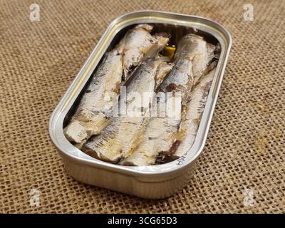 Una lattina aperta di sardine posta su tessuto di bavone; le sardine sono allineate in modo ordinato, evidenziando la consistenza argentata, l'olio e il contenitore metallico. Foto Stock