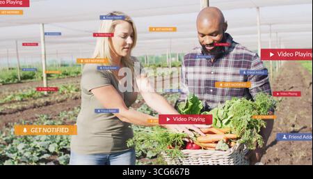 Con cesto di vimini pieno di carote cavoli pomodori, agricoltori in serra vicino a icone Foto Stock