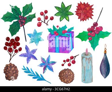 Set natalizio, clip art di elementi isolati di bacche rosse, candela di Natale, cono, regalo. Illustrazione fatta a mano con acquerello Foto Stock