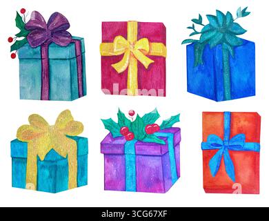 Clipart, set di colorate confezioni regalo natalizie con nastri e frutti di bosco. Illustrazione ad acquerello disegnata a mano isolata Foto Stock