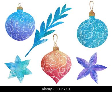 Set natalizio, clip art di elementi isolati arco, palle di Natale, stelle, ramo. Illustrazione fatta a mano con acquerello Foto Stock