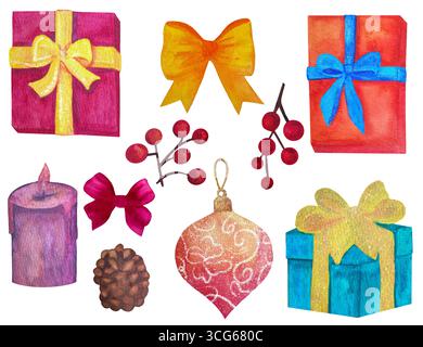 Set natalizio, clip art di elementi isolati fiocco rosso, frutti di bosco, palla di Natale, regali. Illustrazione fatta a mano con acquerello Foto Stock