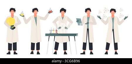 Scienziato maschile in camice da laboratorio che svolge varie attività scientifiche con attrezzature, esperimenti e concetti di ricerca, perfetto per l'istruzione, presentazioni, e STEM progetti isolati su sfondo bianco Illustrazione Vettoriale