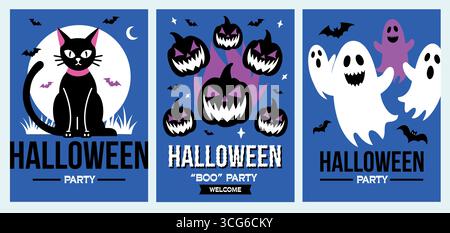 Festeggia Halloween con i poster festivi di simpatici gatti, zucche e spettri fantasmi Illustrazione Vettoriale