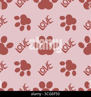 Motivo vettoriale senza cuciture con stampe stilizzate delle zampe e la parola AMORE in una tavolozza di colori in terracotta e rosa polverosa, ideale per San Valentino o per il tema degli animali domestici Illustrazione Vettoriale
