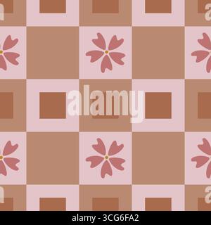 Elegante motivo vettoriale senza cuciture caratterizzato da un sottile sfondo a scacchi con fiori rosa stilizzati e quadrati in terracotta, ideale per il design tessile o W Illustrazione Vettoriale