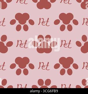 Motivo vettoriale senza cuciture di stampe stilizzate in terracotta zampa e la parola PET su uno sfondo rosa pallido, ideale per i progetti relativi agli animali domestici. Illustrazione Vettoriale
