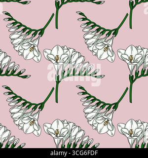 Elegante motivo vettoriale senza cuciture con delicati fiori freesia bianchi con steli verdi su sfondo rosa pallido, ideale per stampe tessili e wallpap Illustrazione Vettoriale