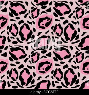 Motivo vettoriale senza cuciture con macchie leopardate rosa e nero astratte, ideale per il design tessile alla moda o per sfondi eleganti. Illustrazione Vettoriale