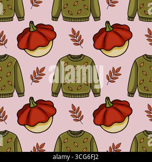 Motivo vettoriale senza cuciture con elementi autunnali, zucche, maglioni verde oliva con motivi a foglia e foglie autunnali stilizzate su un dorso rosa pallido Illustrazione Vettoriale
