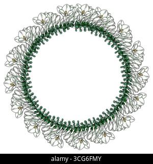 Elegante design vettoriale con cornice circolare di delicati fiori bianchi di freesia e lussureggianti foglie di eucalipto verde, perfetto per gli inviti, c Illustrazione Vettoriale
