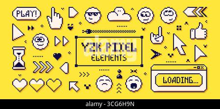 Elementi dell'interfaccia utente pixel Y2K. Simpatici volti emoji, frecce di varie forme, finestre del browser e gesti. Illustrazione Vettoriale