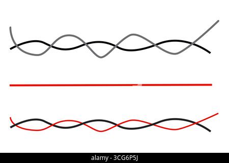 Linee rosse ondulate. Onde astratte nere. Schema del liquido vettoriale. Curve fluide dinamiche. Illustrazione Vettoriale