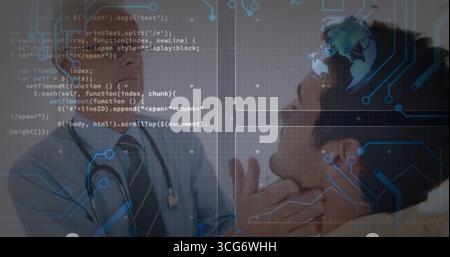 Esecuzione di esami del collo in camice da laboratorio bianco che palpano la gola del paziente in clinica, con rivestimento dello stetoscopio Foto Stock