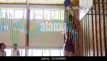 Immergiti nella maglia rossa sopra il cerchio in palestra, con pallacanestro, linee del campo, spazio copia Foto Stock