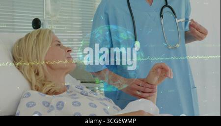 Somministrazione di infermiere in scrub blu che tiene la siringa in stanza d'ospedale con stetoscopio Foto Stock