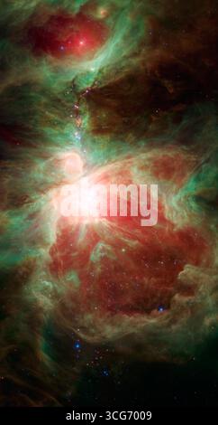 Questa immagine del telescopio spaziale Spitzer della NASA mostra ciò che si trova vicino alla spada della costellazione Orion -- un vivaio stellare attivo contenente migliaia di giovani stelle e protostelle in via di sviluppo. Molti diventeranno come il nostro sole. Una versione ottimizzata di un'immagine originale della NASA: Credit: NASA Foto Stock