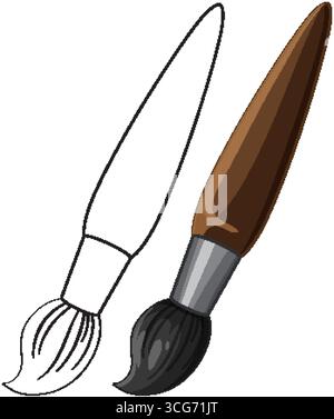 Due pennelli, uno colorato e uno delineato, in puro stile vettoriale con semplice ombreggiatura Illustrazione Vettoriale