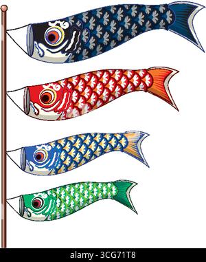 Variopinti rastrellieri per carpe koinobori disposti verticalmente, tradizionale simbolo giapponese per la celebrazione del Childrenâs Day Illustrazione Vettoriale