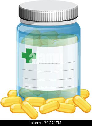 Illustrazione vettoriale di un flacone trasparente di prescrizione riempito con capsule gialle, etichettato con una croce verde, sfondo bianco pulito, stile piatto Illustrazione Vettoriale