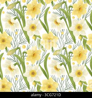 Motivo senza cuciture, narcisi gialli e bianchi, foglie verdi, ramoscelli, erba, illustrazione digitale ad acquerello disegnata a mano in uno stile piatto e ingenuo Foto Stock