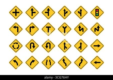 Varietà di segnali stradali gialli e di direzione Illustrazione Vettoriale