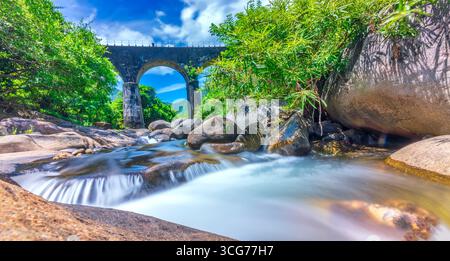 Paesaggio sul passo di hai Van passando attraverso il più bel ponte ferroviario del Vietnam, paesaggio tranquillo, ruscello che scorre sotto il ponte Foto Stock