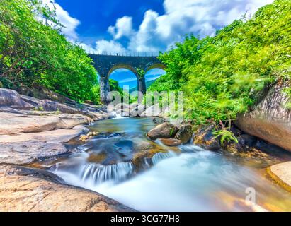 Paesaggio sul passo di hai Van passando attraverso il più bel ponte ferroviario del Vietnam, paesaggio tranquillo, ruscello che scorre sotto il ponte Foto Stock