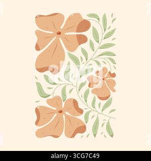 Poster Y2K con margherite ondulate e foglie verdi dipinte in colori boho. Illustrazione Vettoriale