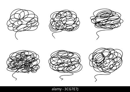 Set di icone per scarabocchi cerebrali, disegno a mano di linee disordinate, simbolo astratto della mente del groviglio, illustrazione vettoriale creativa delinea l'elemento di progettazione. Illustrazione Vettoriale