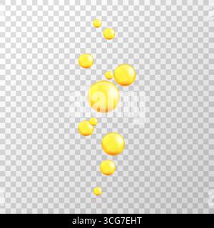 Set realistico di bolle d'olio e gocce d'olio dorate in 3D. Capsule di siero volante per l'illustrazione di prodotti cosmetici, per la cura della pelle, vitamine o a base organica. Illustrazione Vettoriale