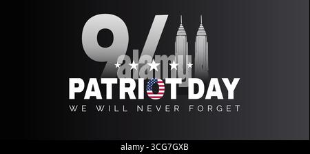 Bandiera americana e scritta per il Patriot Day degli Stati Uniti. Illustrazione vettoriale. Giorno della memoria, 11 settembre Illustrazione Vettoriale