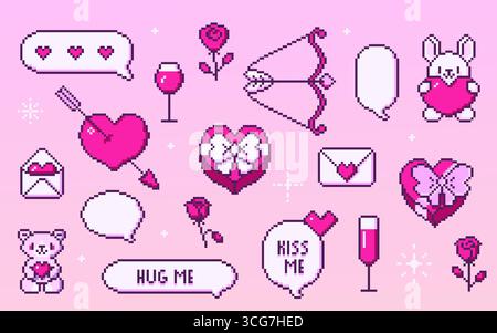 Grazioso set a 8 bit con icone retrò pixel valentine per un design romantico: Cuori rosa, coniglietto con amore, arco e freccia, rosa e bicchiere di vino. Busta ed elemento orsacchiotto per giochi di incontri o biglietti di auguri Illustrazione Vettoriale