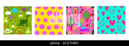 Vivaci motivi dell'arcobaleno per bambini con rane, dinosauri e allegri scarabocchi per il design di tessuti o carta da parati per bambini. Polka a pois colorate, cuori con auto e alberi per tessuti da vivaio o carta Illustrazione Vettoriale