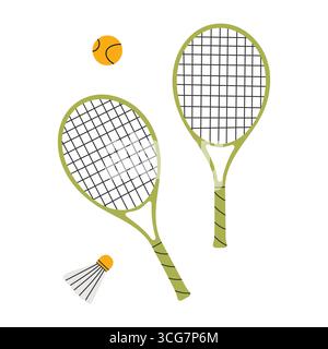 Racchette da tennis, palla, volano da badminton Illustrazione Vettoriale