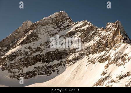 La splendida vetta della montagna Jungfrau, alta 4158 metri, e il ghiacciaio Aletsch in una giornata invernale soleggiata con neve e luce solare a Berner Oberland, Grindelw Foto Stock