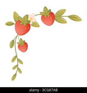 Graziosa decorazione d'angolo con fragole, fiori e foglie verdi. Ideale per pianificatori, carte e comodi album. Illustrazione Vettoriale